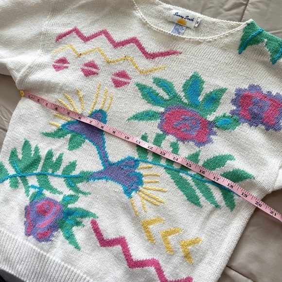 Vintage 80s Knit Short Sleeve Sweater Pullover Floral Abstract Size Medium - Picture 5 of 9